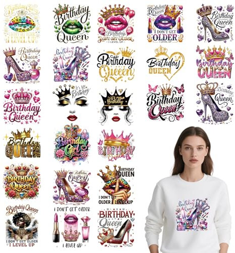 Birthday Queen Iron on Transfer for Tshirts - 24Pcs Falueqg Dtf Transfers Ready to Press, Shinny Diamond Iron on Decals Patches, Crown Heels Heat Stickers for DIY Hoodies Clothes Bags Birthday Gifts