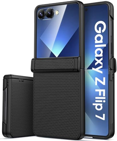SIXBOX for Samsung Galaxy Z Flip 7 Case Slim with Front Screen Protector & Hinge Protection, Support Wireless Charging, Shockproof Rugged Phone Protective Cover Case for Samsung Flip 7 2025, Black