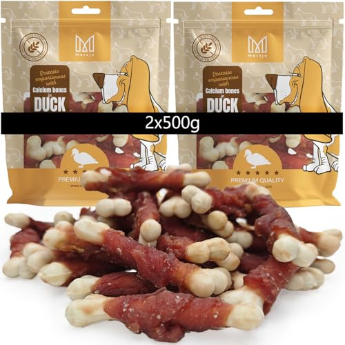 MERSJO Hundeleckerlis Premium Entensnack mit Kalziumknochen, Getreidefreie Hundesnacks, 2x500g, Luftgetrocknet