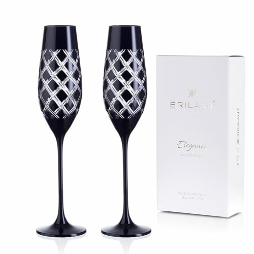 Brilant Ghost Champagnergläser, Sektgläser Glas, schwarz, 2er-Set, 210 ml | Champagner Gläser Set, limitierte Edition, spezielle schwarze Lackierung, Diamantgitter-Muster, edel, handgefertigt in der EU