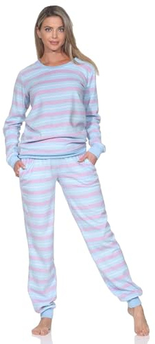Normann Damen Langarm Fleece Schlafanzug mit Bündchen in chilliger Optik