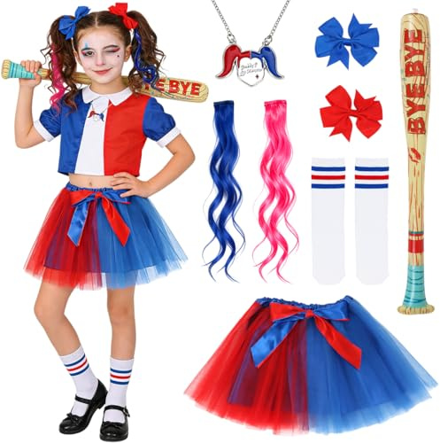 Disfraz de Carnaval para Niñas, Falda de Tul Azul y Roja con Diadema con Lazo, Collar, Calcetines, Peluca, Bate de Béisbol y Accesorios de Payaso para Carnaval, Halloween y Fiestas de Cosplay