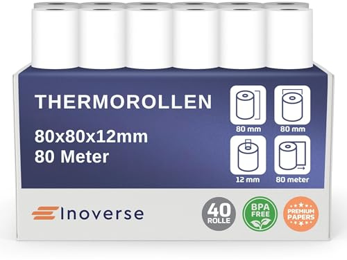 Inoverse Thermorollen 80x80x12 mm, 80m 40 Rollen, EC Rollen Thermopapier | BPA-frei Kassenrollen, EC-Cash Bonrollen, für EC-Geräte und Kartenterminals, für Bankomat und Kassensysteme, Kassenbon Rolle