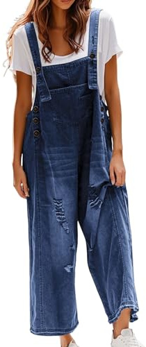 Denim Dungarees for Women UK Casual Adjustable Straps Denim Jumpsuit with Pockets Classic Sleeveless Wide Leg Jeans Overalls Washed Distressed Loose Fit Playsuits Overalls for Holiday Work Daily