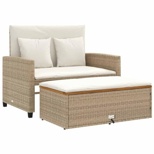 pokgdf Gartensofa mit Kissen 2-Sitzer Poly Rattan Beige umklappbar zum Schlafsofa mit Verstellbarer Rückenlehne und integriertem Hocker mit Stauraum und abnehmbaren Bezügen
