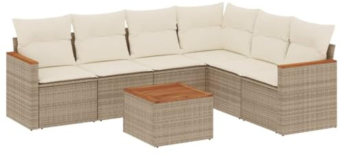 Foknhdi Gartenmöbel Set 7-TLG Poly Rattan Lounge Sofa Gruppe Beige 62 x 62 x 69 cm Ecksofa Mittelsofa Tisch mit Akazienholz für Terrasse Balkon und Wintergarten