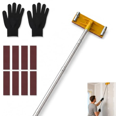 Pole Sander for Drywall, Dry Wall Sander with Extension Pole & 8 Sandpaper | Heavy Duty Swivel Head 360-Degree Polishing Hand Sander, No Ladder Needed Universal Fit for Floors, Walls, Ceilings