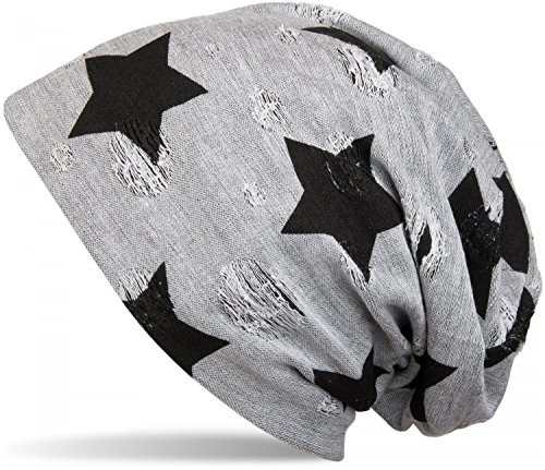 styleBREAKER Unisex Beanie Sterne Punkte Destroyed Mütze 59cm | Longbeanie. elastisches Material. Bundweite 26cm. Höhe 27cm. Einheitsgröße. weiche Haptik. Risse im Oberstoff.