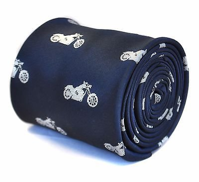 Frederick Thomas Navy Blue Men’s Tie with Motorbike Embroidery Design Classic 8cm Width – Premium Fashion Necktie for Office, Weddings, Formal Occasions
