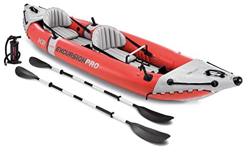 INTEX 68309EP Excursion Pro K2 Aufblasbares Kajak-Set: inklusive Deluxe 218,4 cm Kajak-Paddel und Hochleistungspumpe - SuperTough PVC - Verstellbarer Schalensitz - 2 Personen - 180 kg Tragkraft