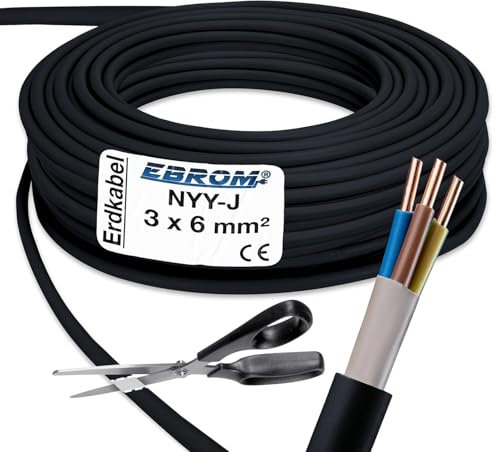 EBROM Cavo ad alta corrente NYY-J 3 x 6 mm² – Cavo di terra – NYY-J 3 x 6 mm² – nero – al metro preciso al metro: scelta in incrementi di 5 metri, a partire da 5 metri – 3 x 6 mm² – Lunghezza 14 metri
