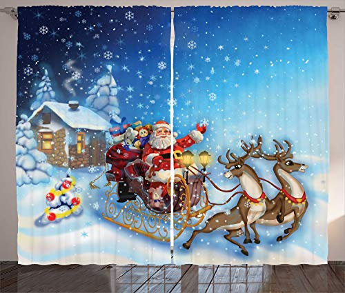 ABAKUHAUS Weihnachten Rustikaler Vorhang, Sankt im Pferdeschlitten Spielzeug, Wohnzimmer Universalband Gardinen mit Schlaufen und Haken, 280 x 245 cm, Nachtblau Rot