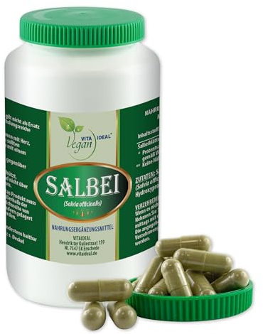 VITA IDEAL Vegan® SALBEI - Blätter - 90 KAPSELN - Salvia officinalis - Tagesportion 700mg SALBEIBLÄTTER pures Pulver. Pflanzlich, natürlich und ohne Zusatzstoffe.
