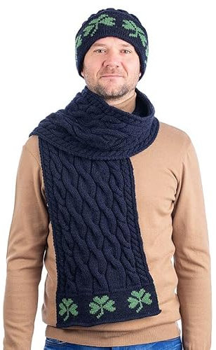 SAOL 100% Merinowolle Zopfmuster Shamrock Schal für Herren, in Natur/Holzkohle/Marine/Grün (Marine)