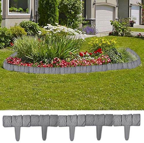 Rasenkanten für Gärten in Steinoptik aus Kunststoff, Steinimitation, 40 Stück, 10 m, flexibel, für Garten, Blumenbeet, Gras, Grau