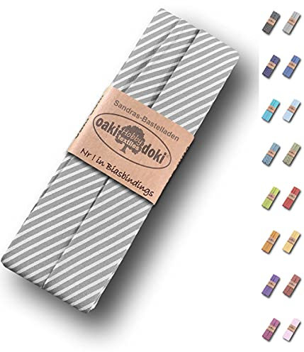 Sandras-Bastelladen Schrägband/Einfassband Baumwolle gefalzt 3m x 20mm - Streifen Muster 6002-Grau-Weiß