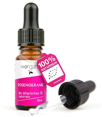 NeoOrganic® Bio Rosengeranienöl (Pelargonium graveolens) - 100% naturreines ätherisches Öl der Rosengeranie - Echter Rosenduft - Geranienöl Bio - Ätherisches Öl Bio - Rosenöl Geranium - 10ml
