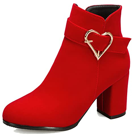 Vrupons Damen Stiefeletten Wildleder Optik Blockabsatz 7.5 cm Bequem | 7,5cm Blockabsatz; Herz Schnalle; Gefüttert; Rutschfeste Sohle; Reißverschluss