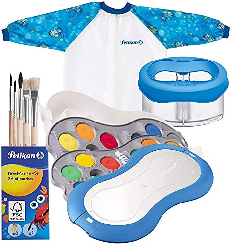 Pelikan Deckfarbkasten Space+ blau 735 SP/24 mit 24 Farben und 1 Tube Deckweiß Komplettset mit Pinselset, Becher und originaler Malschürze