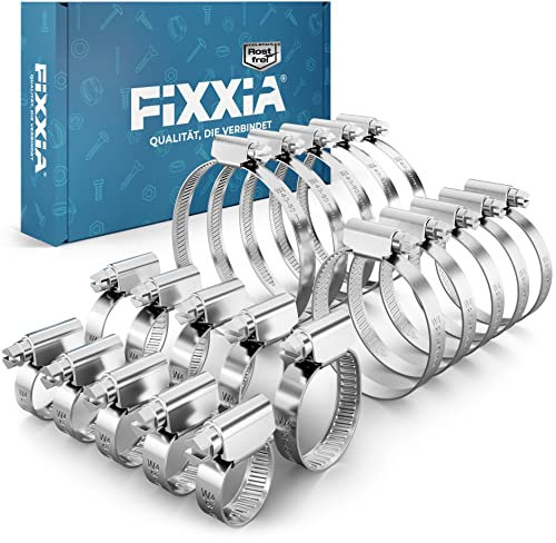 FIXXIA Schlauchschellen Set aus Edelstahl, ⌀ 8-16mm, 16-25mm, 25-40mm, 40-60mm Schraubschelle rostfrei, Schlauchklemmen Sortiment für Waschmaschine, KFZ, Pool, Mini Bandschelle aus Metall (je 5 Stück)