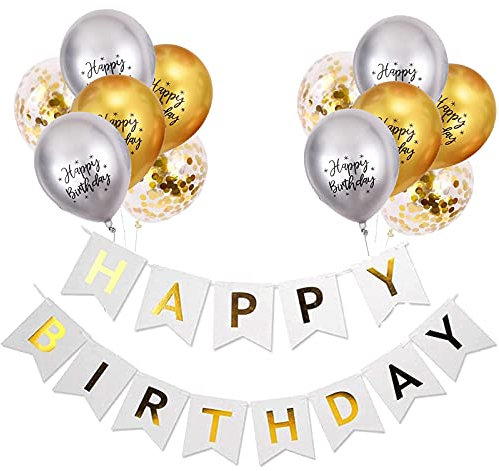 Luftballons Geburtstag Dekoration Set, Gold Silber Geburtstagsdeko Happy Birthday deko Banner Party Deko Geburtstag Set mit Gold Silber Happy Birthday Luftballons Konfetti Ballons
