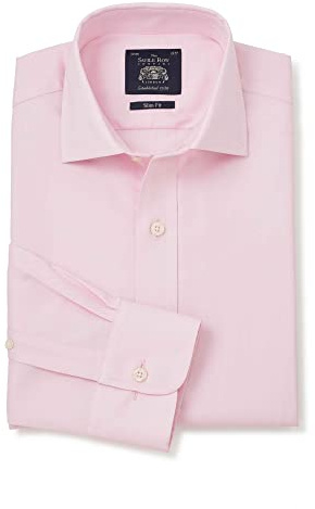 THE SAVILE ROW COMPANY LONDON Men's Slim Fit Cotton Twill Long Sleeve Formal Shirt - Single Cuff - Pale Pink - 15 Collar - Standard