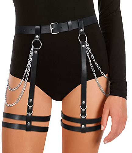 LEACOOLKEY Punk PU Leder Kettengürtel für Damen Gothic Rock Taillengürtel mit Bein Strumpfbänder