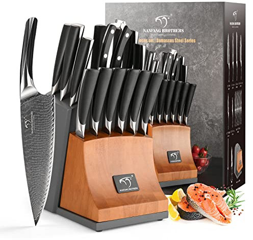 NANFANG BROTHERS Ensemble de couteaux de cuisine Damas, ensemble de couteaux 15 pièces avec bloc, ensemble de couteaux de cuisine, couteau japonais, manche ergonomique en ABS pour ensembles