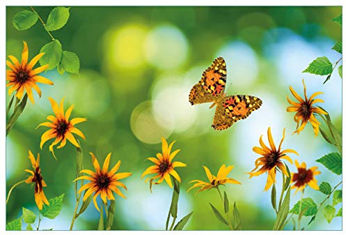 Wallario Küchenrückwand aus Glas 90 x 60 cm, Motiv: Blumen mit Schmetterling | Spritzschutz abwischbar & pflegeleicht