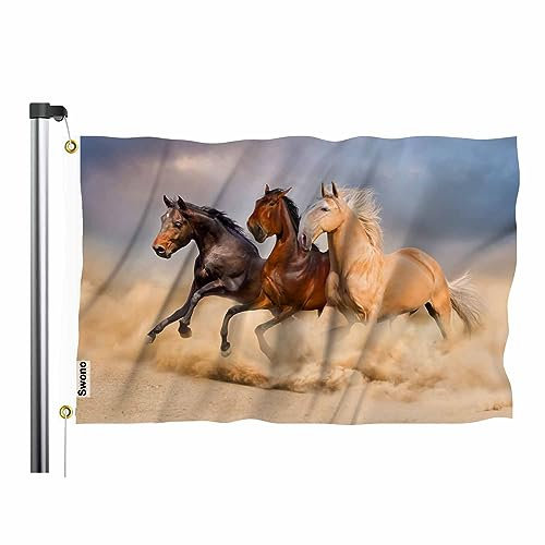 Swono Laufende Pferde-Flagge, 91 x 152 cm, Wild, Cool, Tier, Sand, Strand, Sand, Staub, Flagge, doppelseitig, doppelt genäht mit Messingösen