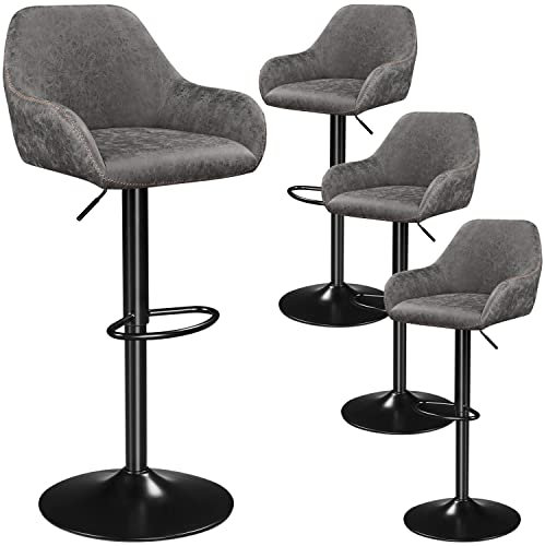 Yaheetech Barhocker 4er Set, Drehstuhl mit Lehne, Höhenverstellbarer Arbeitshocker, 360° Schwenkbarer Bistrohocker, Barstuhl mit Fußstütze, Tresenhocker, grau