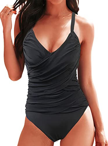 Rayson Maillot de Bain Femme 1 Pieces Froncé Monokini Push Up Rembourré Maillots Une Pièce Strap Réglables Taille Haute Maillots 1 Pièce Ventre Plat Amincissant(Noir,XXL)