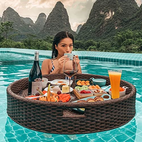 BaiLiWang Rattan Gewebtes Serviertablett Schwimmendes Tablett für Pool mit Griffen,Schwimmendes Luxus-Serviertablett, Tischbar, Schwimmbecken, Schwimmendes Tablett Für,Brown-80CM