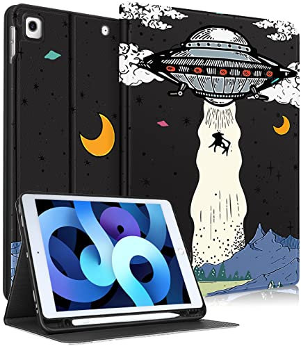 Uppuppy Schutzhülle für iPad 9. / 8. / 7. Generation, 10,2 Zoll (10,2 Zoll), niedlich, für Jungen, Kinder, Damen, Folio, Smart Cover mit Stifthalter, UFO, Cooles Design, lustig, für Herren, Teenager,