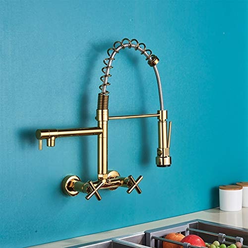 Grifo de cocina de montaje en pared con rociador, grifo de cocina de resorte de manijas dobles, grifo de fregadero de cocina de latón dorado, grifo mezclador de cocina de agua fría y calient