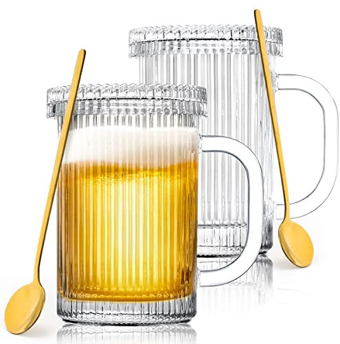 Quyimy Clear Glass Coffee Mug Set of 2, 325ML Ribbed Glass Coffee Mug with Lid and Spoon, Vertical Stripes Tea Mug Cup for Latte, Capuccino, Espresso, Milk, Juice (11oz, Clear)