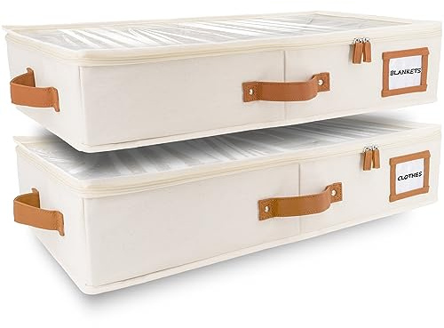 HOMELUX THEORY 2pc Under Bed Storage Containers, Bedroom Under the Bed Drawer Storage Organizer with Bins and Lids, Large Underbed Clothes Storage Box Ideal for Blanket, Fabric, & Shoes (Ivory)