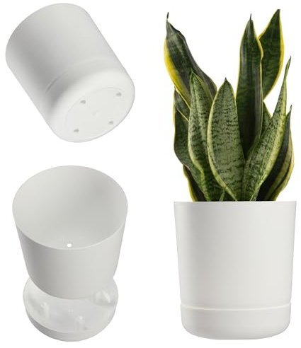 KADAX Vaso da fiori con sottovaso, in plastica, minimalista, vaso decorativo per fiori, cactus ed erbe aromatiche (15 cm, bianco)