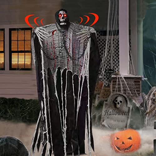 Halloween Deko Hängender Geist, Halloween Deko Horror Beleuchtete Geist mit Gruseligen Geräuschen, 180CM Hängend Tür Deko Geist, Garten Gruselig Halloween Skelett für Indoor Outdoor Party Dekoration