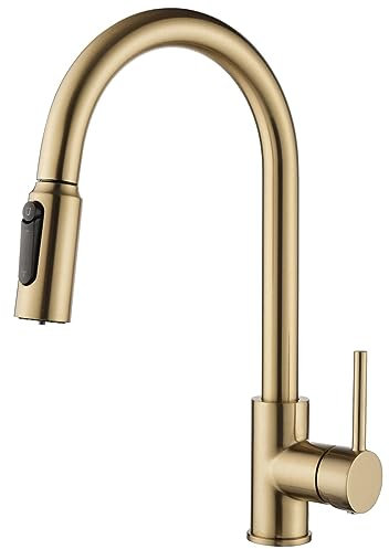 XJTNLB Grifo Cocina 3 Vias Grifos de Cocina Fregadero Monomando Grifo Giratorio Grifo Cocina Extraible con Osmosis 2 Modos de Rociado para Purificador Agua, Oro Cepillado