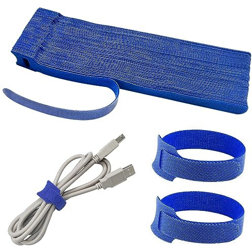 PNOOFR 50 Pcs Wiederverwendbare Kabelbinder Klettband, Klett Kabelbinder,Verstellbare Kabelklettbänder, Schleife Klettbänder mit Schnalle für TV-Kabel, PC-Kabel und Schreibtischorganisation (Blau)