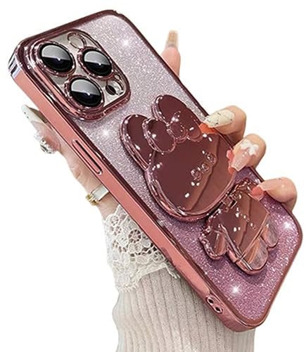 Aulzaju for iPhone 14 Pro Max Case Cute Rabbit Mirror Stand,14 Pro Max Phone Case Plating Bling Glitter Soft Silicone Bumper Sparkle Gradient Girly Cover for iPhone 14 Pro Max for Women Girls Pink