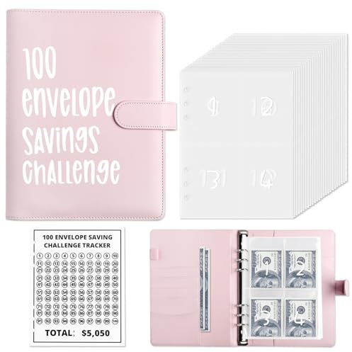 ChillyFar Money Saver Budget Binder Book with Pouches, 100 Envelope Challenge Binder with Numbers, A5 Money Budget Envelopes for Cash Saving $5,050 Pink