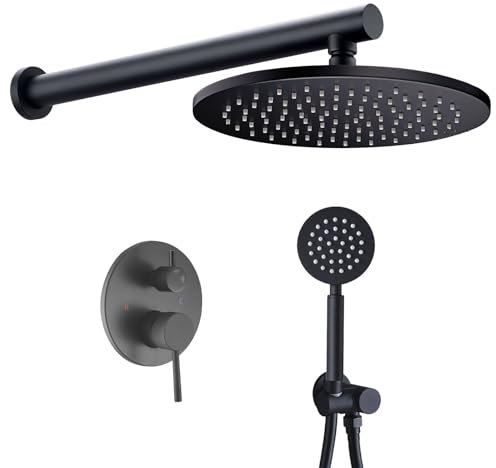 Set doccia rotondo da 10 pollici, 25 cm, set doccia a pioggia, da incasso, sistema doccia nero con doccetta e soffione in ottone