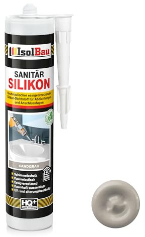 Isolbau Mastic en silicone sanitaire - 300 ml - Gris sable - Mastic en silicone hautement élastique pour joints et joints - Résistant à la moisissure et imperméable - Cartouche