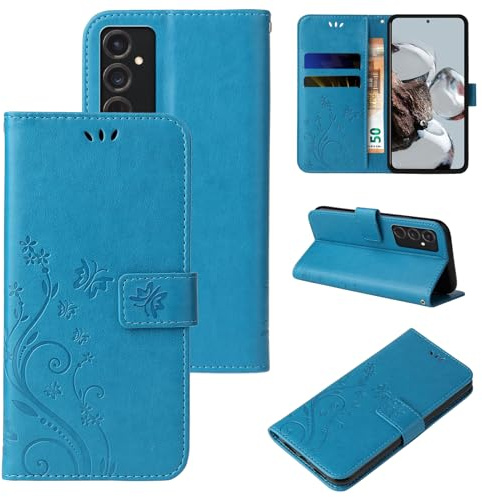 LBH Handy Hülle für Samsung Galaxy S24 Case Handytasche Schmetterling Blumen Flower Standfunktion Schutzhülle Magnet Rundum Schutz 360 Grad Flipcase Cover Blau