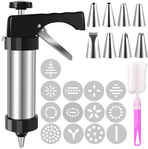 Cookie Press Gun Kit, Edelstahl Cookie Press zum Backen, Weihnachten DIY Cookies Press Maker Set mit 13 Scheiben und 8 Icing Tips, Multifunktionale Abnehmbare Cookie Maker Maschine für Kekse