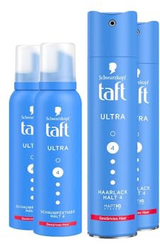 Taft Schwarzkopf Schaumfestiger Ultra (2x150ml) Haltegrad 4 Haarschaum für alle Haartypen & Haarlack Ultra (2x250ml) Haarstyling, Haarspray, gestärktes Haar, vegane Formel*