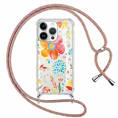ZhuoFan Funda con Cuerda para iPhone 12 Pro MAX 6,7, Transparente Aesthetic Carcasa Patrón de Flor TPU + PC con Colgante Ajustable Collar Correa de Cuello Cadena Cordón Cover Case-06