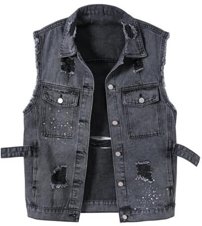 Bqxxdeo Denim-Weste für Herren, Nieten, Cowboy-Weste, Motorrad, ärmellos, Jeansjacke, Schwarz , 42